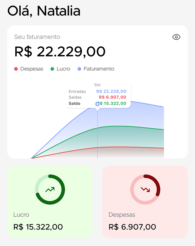 Painel de Natalia: faturamento de R$ 22.229,00, lucro de R$ 15.322,00 e despesas de R$ 6.907,00.